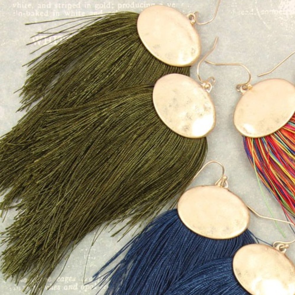 Olive Oversized Boho Thread Tassel Drop Earrings - Picture 3 of 4